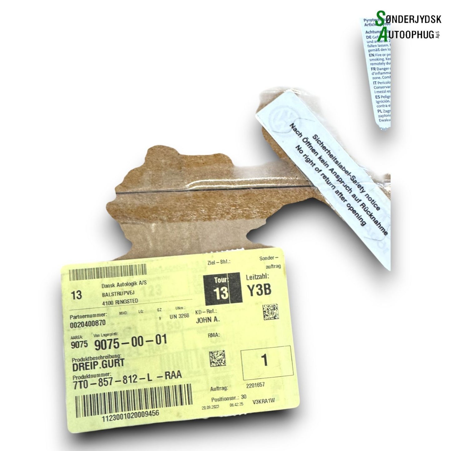 VW Transporter T7 Sikkerhedsseler Bag Med OEM Nr. 7T0857812LRAA Fra VW Ophugger
