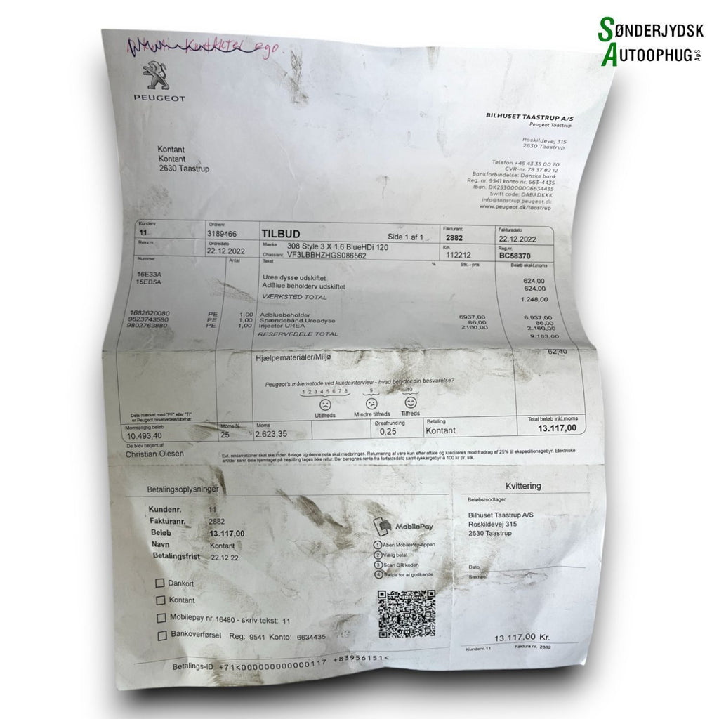 Peugeot 308 Additivdyse Med OEM Nr. 9802763880 Fra Peugeot Ophugger