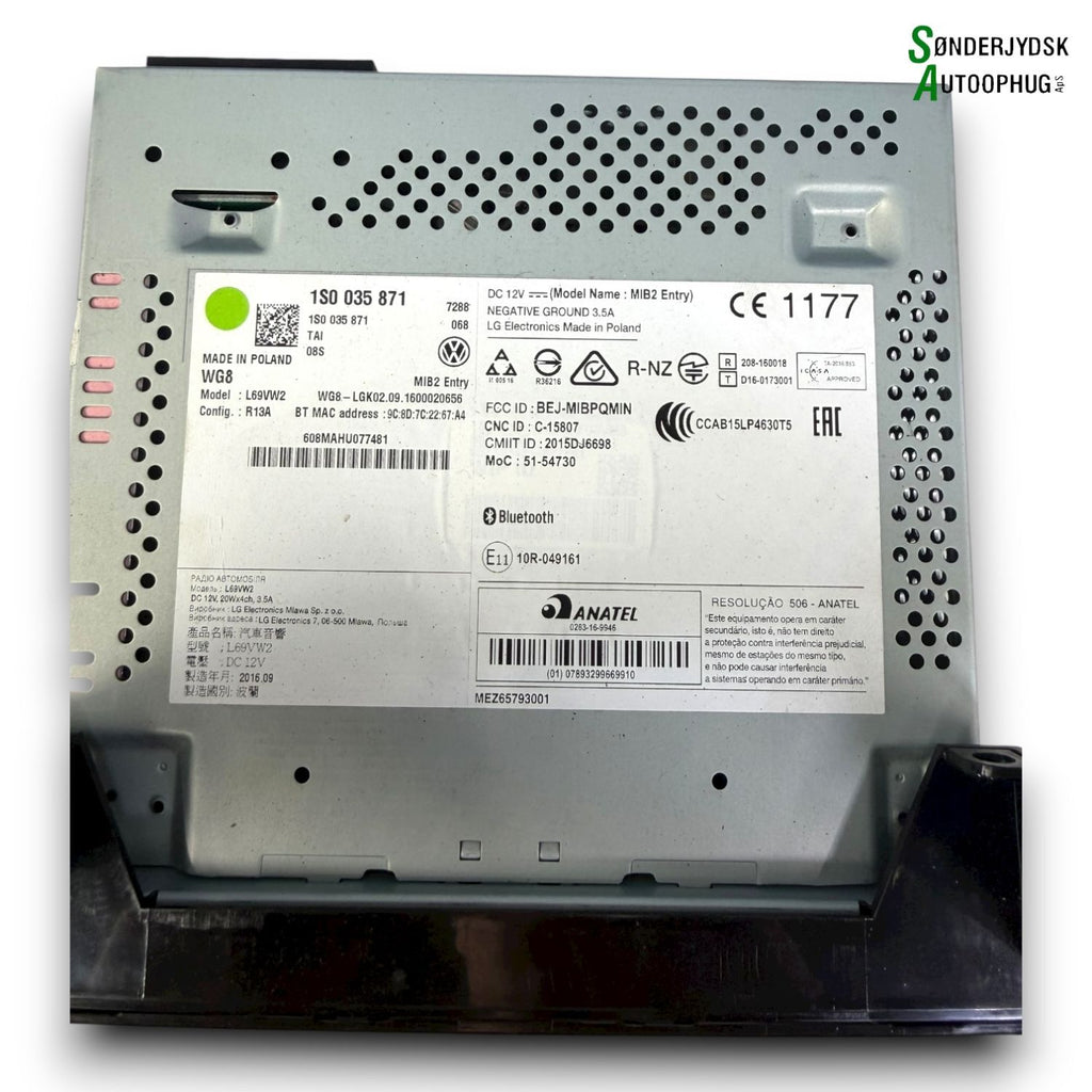 VW Up Radio, Multi Display Med OEM Nr. 1S0035871 Fra VW Ophugger