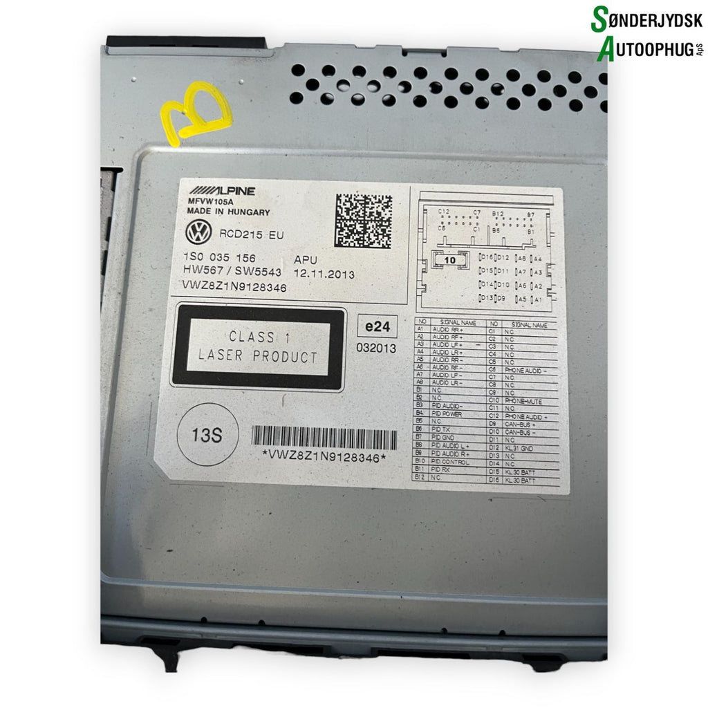 VW Up Radio M/Cd Med OEM Nr. 1S0035156 Fra VW Ophugger